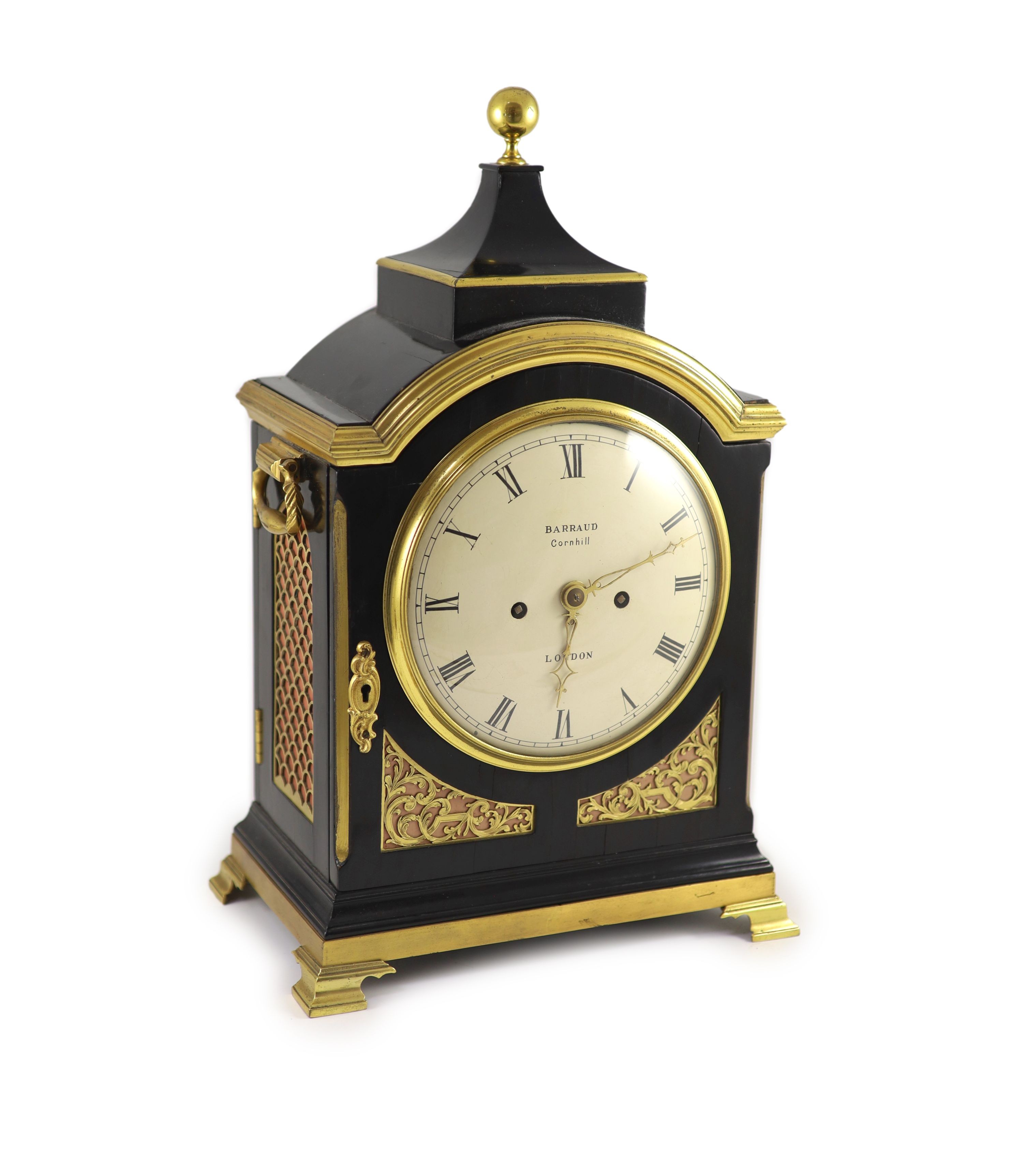 Barraud, Cornhill, London. A George III ebony and brass mounted bracket clock, width 29cm depth 19cm height 46cm